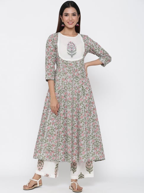 Jaipur Kurti Grey & White Printed Kurta Palazzo Set Price in India