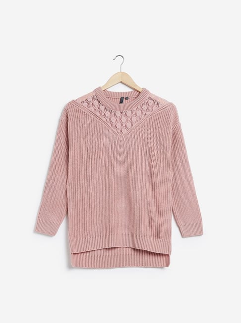 Buy LOV by Westside Light Pink Knitted High-Low Sweater for Women
