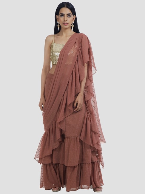 Pink Geogette Ruffled Pre-Stitched Skirt Saree Set Design by Archana  Kochhar at Pernia's Pop Up Shop 2023