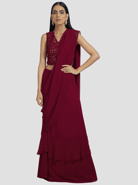 Indya Maroon Ruffle Skirt with Attached Dupatta