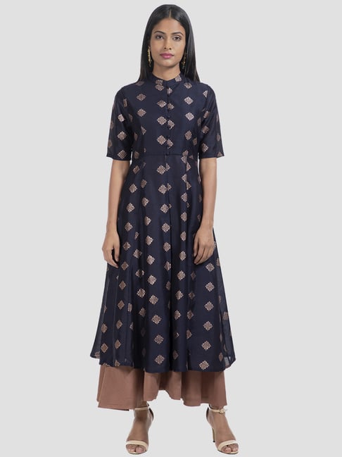 Indya Navy Printed A Line Kurta