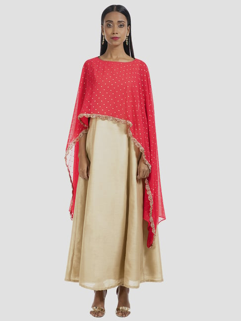 Indya Beige Maxi Tunic With Attached Pink Foil Cape Price in India