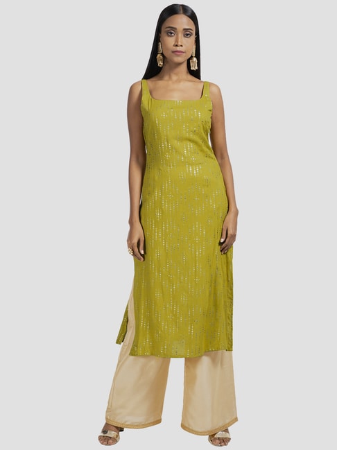 Indya Lime Green Ikat Foil Strappy Straight Tunic Price in India