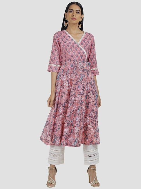 Indya Pink Cotton Printed A line Kurta Price in India
