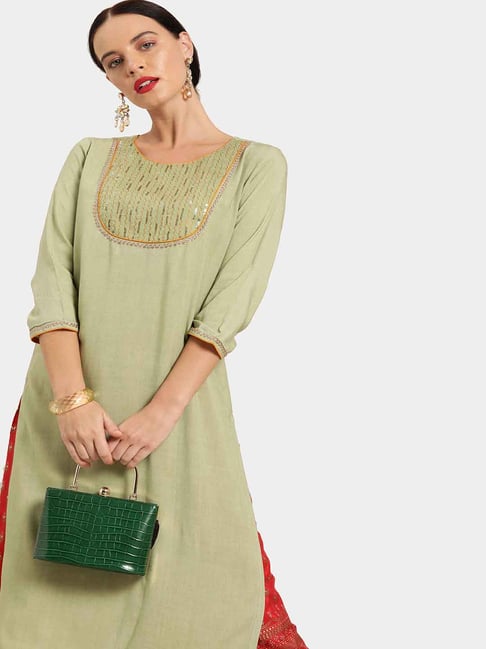 Jaipur Kurti Green Embellished Kurta Price in India