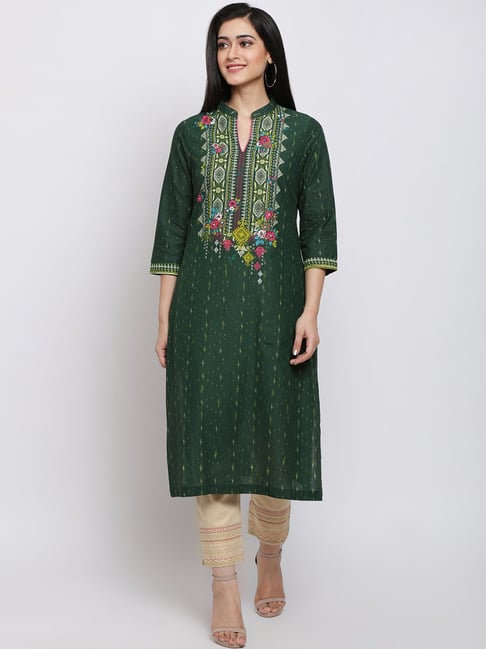 Biba Green Cotton Printed Straight Kurta