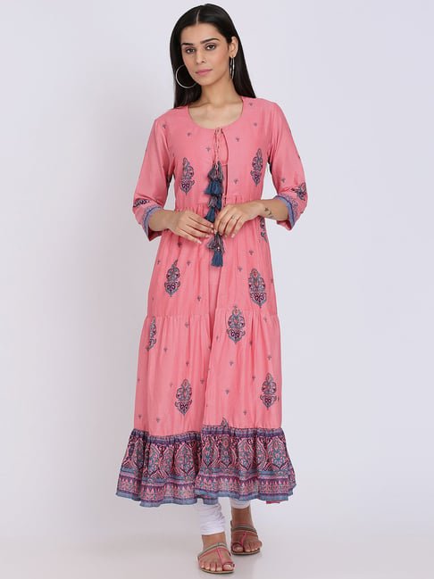 Biba Pink Cotton Printed A Line Kurta Price in India