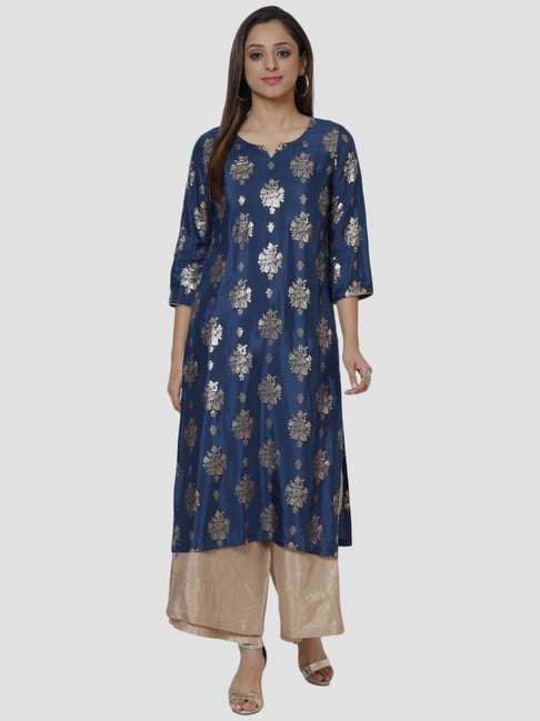 Biba Royal Blue Printed Straight Kurta