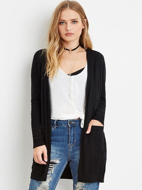 Buy Forever 21 Black Full Sleeves Longline Cardigan for Women