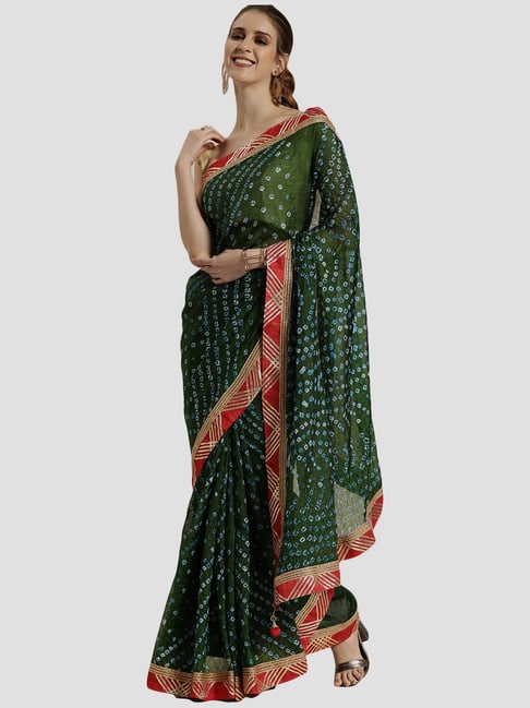 Geroo Jaipur Hand Dyed Green Bandhani Silk Saree Price in India