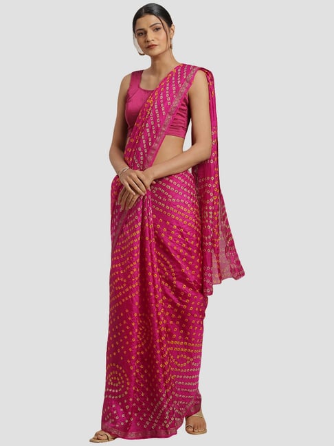 Geroo Jaipur Hand Dyed Pink Bandhani Silk Sustainable Saree Price in India