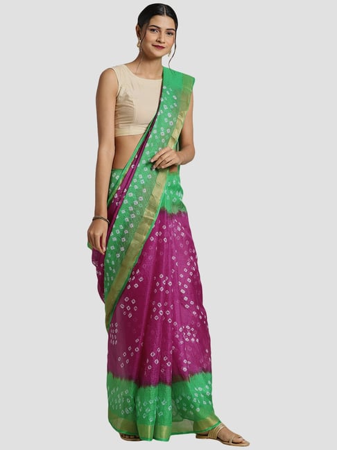 Geroo Jaipur Hand Dyed Green & Pink Bandhani Silk Saree Price in India