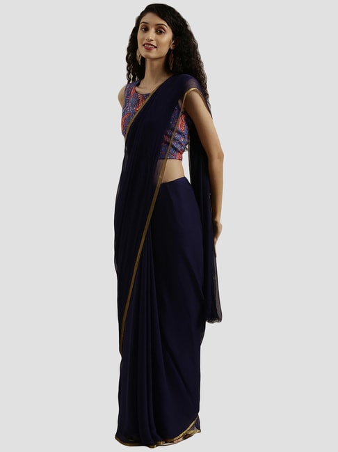 Geroo Jaipur Navy Saree With Unstitched Blouse Price in India