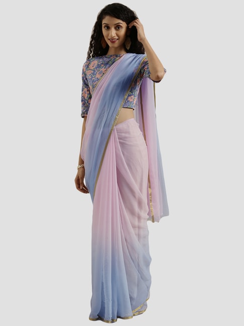 Geroo Jaipur Hand Dyed Pink & Blue Shaded Saree With Hand Block Print Blouse Price in India