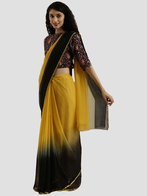 Geroo Jaipur Black & Yellow Saree With Unstitched Blouse Price in India