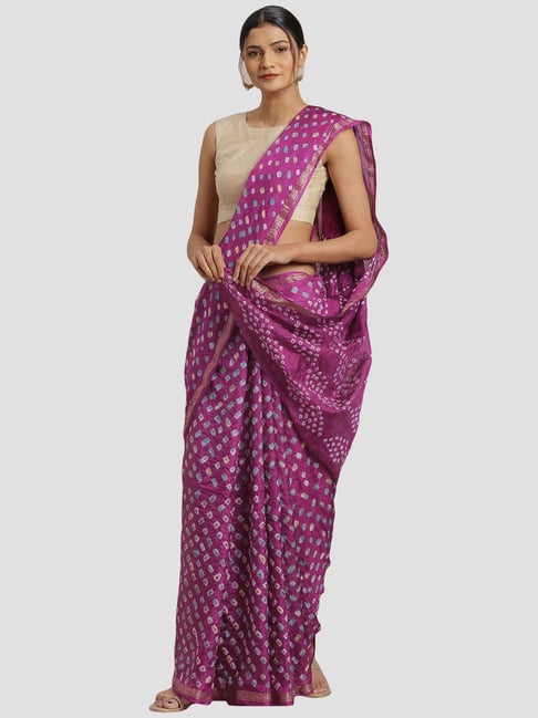 Geroo Jaipur Hand Dyed Purple Bandhani Silk Saree Price in India