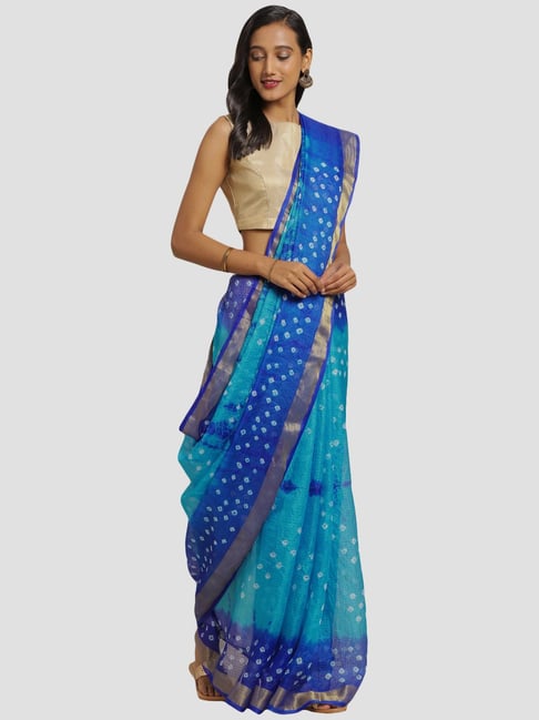 Geroo Jaipur Hand Dyed Blue Bandhani Kota Silk Saree Price in India