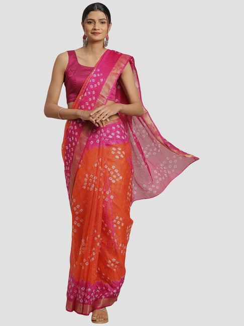 Geroo Jaipur Hand Dyed Orange & Pink Bandhani Kota Silk Saree