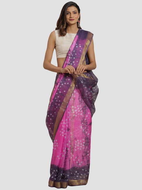 Geroo Jaipur Hand Dyed Pink & Grey Bandhani Kota Silk Saree Price in India