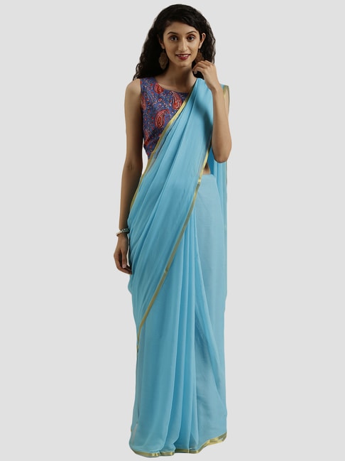 Geroo Jaipur Sky Blue Saree With Unstitched Blouse Price in India