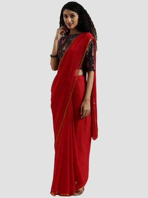 Geroo Jaipur Hand Dyed Red Solid Chiffon Saree With Hand Block Print Blouse Price in India
