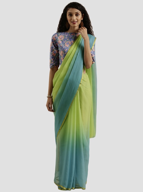 Geroo Jaipur Green & Blue Saree With Unstitched Blouse Price in India