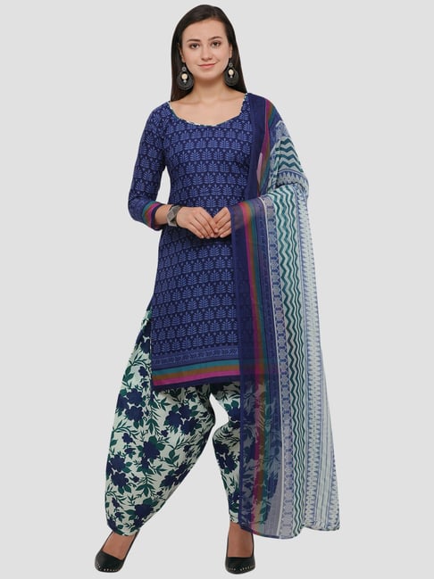 Saree Mall Navy & White Printed Dress Material