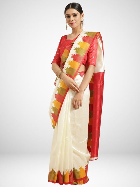 Saree Mall Off-White & Red Printed Saree With Unstitched Blouse Price in India