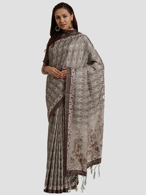 Saree Mall Olive Printed Saree With Unstitched Blouse Price in India