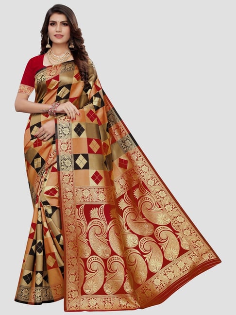 Saree Mall Red & Black Woven Saree With Unstitched Blouse Price in India