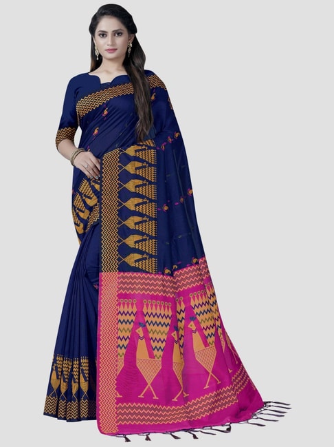 Saree Mall Navy Printed Saree With Unstitched Blouse Price in India