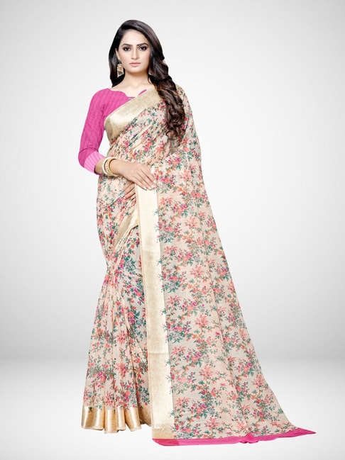 Saree Mall Off-White Floral Print Saree With Unstitched Blouse Price in India