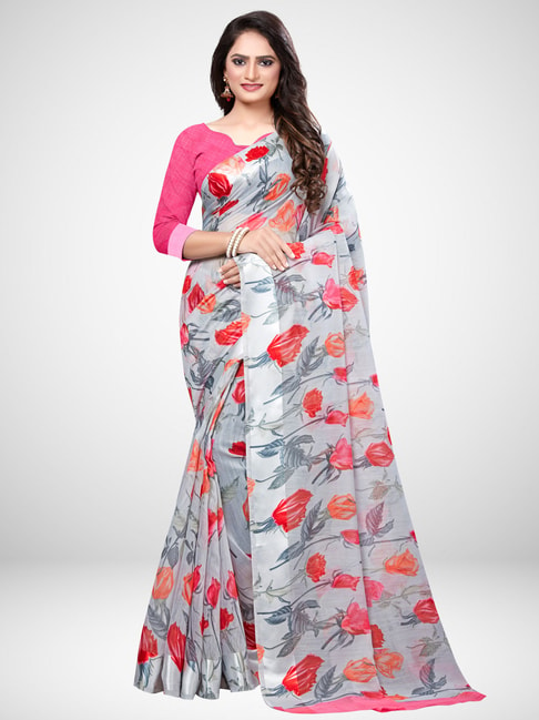 Saree Mall Grey Floral Print Saree With Unstitched Blouse Price in India