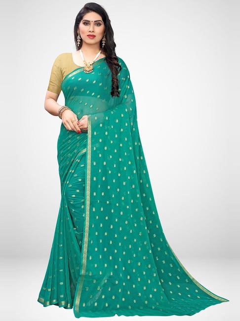 Saree Mall Teal Green Woven Saree With Unstitched Blouse Price in India