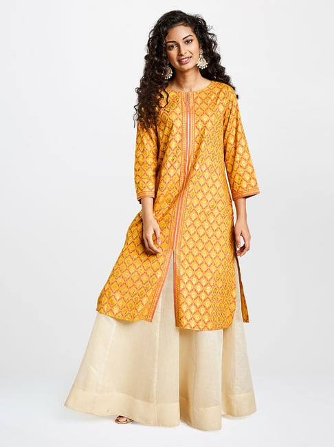 Global Desi Mustard Printed Kurta