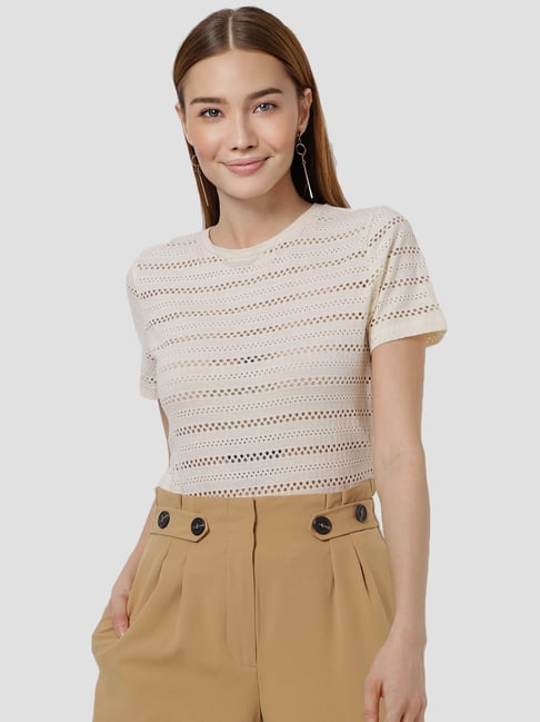 Only Beige Cotton Self Pattern Top Price in India