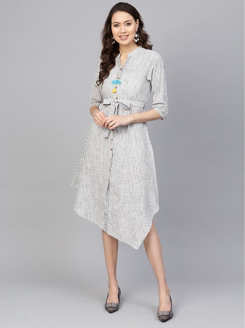 Indo Era Grey Cotton Striped A-Line Dress Price in India