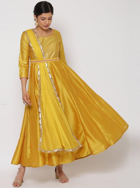 Rangriti Yellow Cotton Printed Kurta With Dupatta