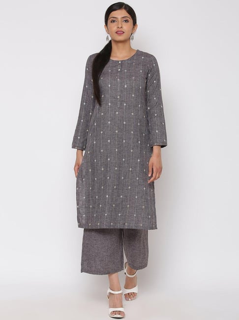 Rangriti Grey Cotton Embroidered Kurta Bottom Set