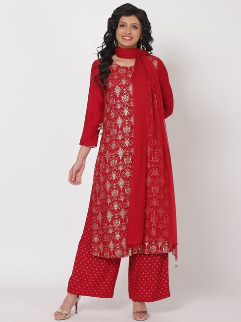 Rangriti Red Printed Kurta Bottom Dupatta Set