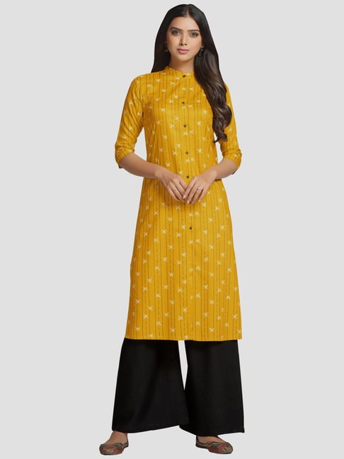 Mimosa Yellow Cotton Printed Straight Kurta Price in India