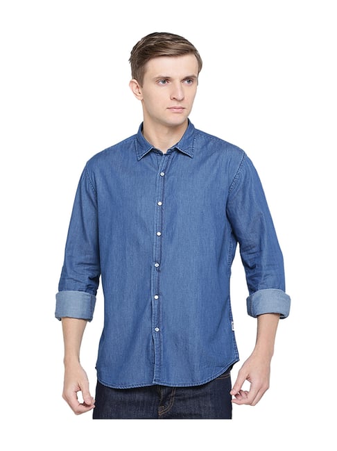 Pepe Jeans Blue Solid Regular Fit Cotton Shirt