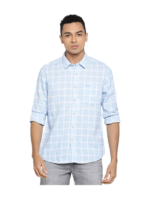 Buy Pepe Jeans Light Blue Full Sleeves Checks Linen Shirt for Men