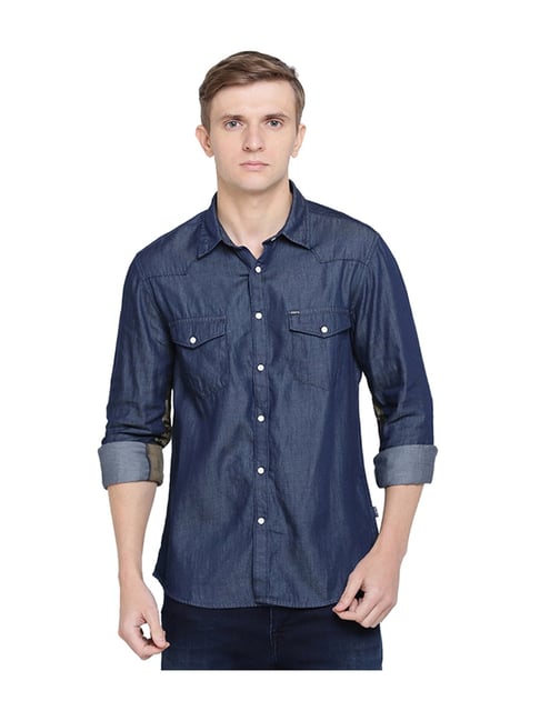 Pepe Jeans Dark Blue Solid Cotton Shirt