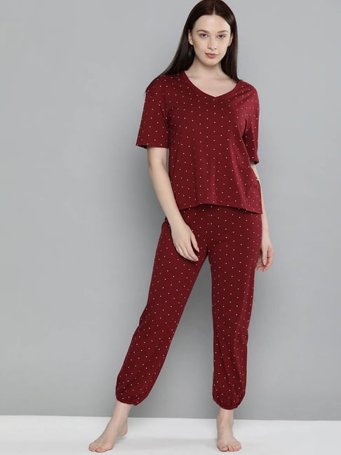 Chemistry Burgundy Polka Dot Top & Joggers Set