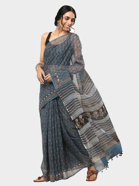 Okhai Blue Printed Saree Without Blouse Price in India