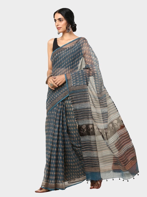 Okhai Blue Printed Saree Without Blouse Price in India