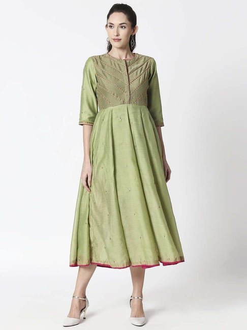olive green embroidered dress