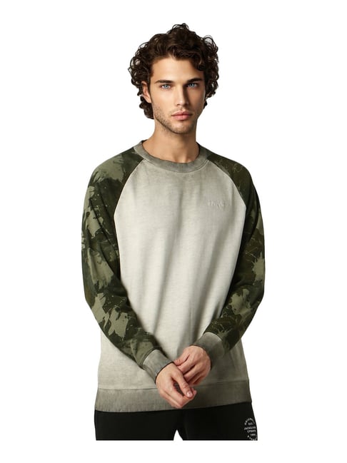 Jack & Jones Light Grey & Green Cotton Slim Fit Color Block Sweatshirt