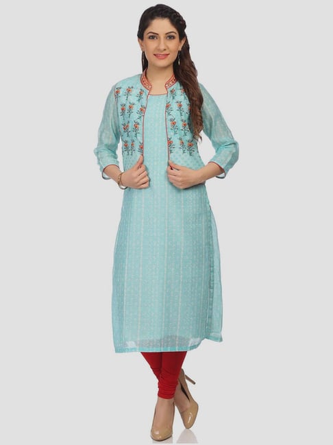 Biba Turquoise Polyester Printed Straight Kurta With Jacket